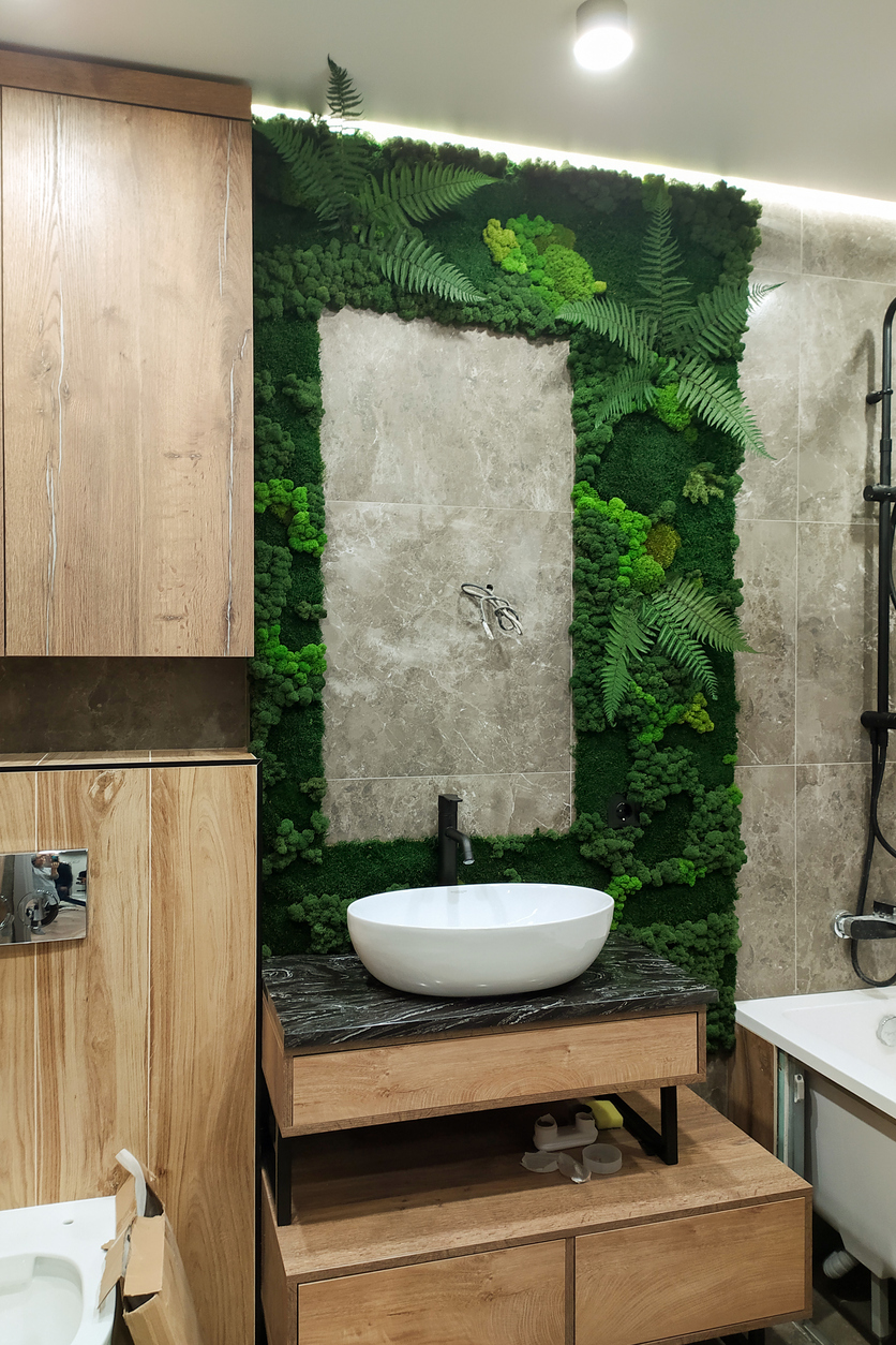 Decorative green stabilized moss in the bathroom. Bathroom decor. Interior design